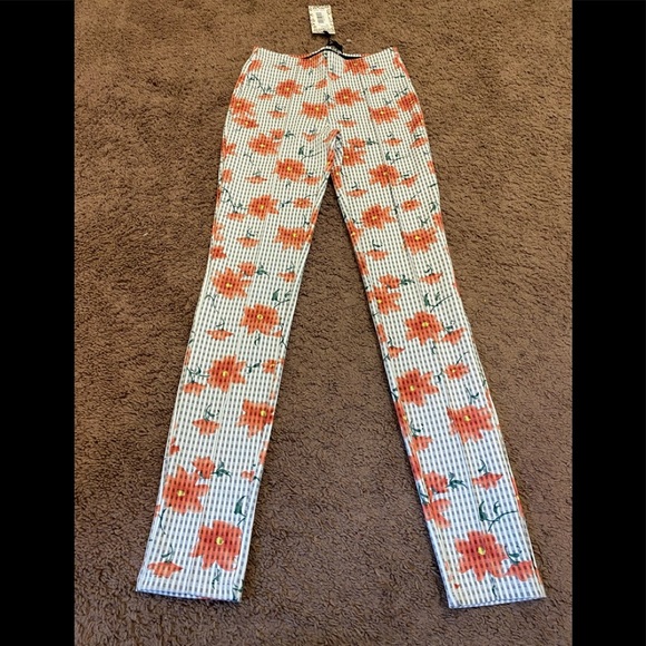 Nanette Lepore Pants - Nanette Lepore High Floral Pull On Pants Coral Plaid Stretch XS NEW $89